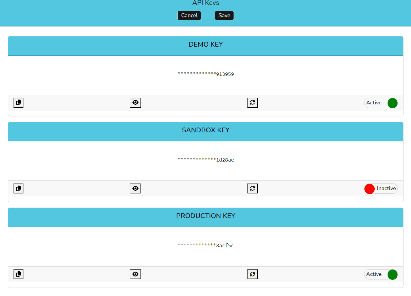 API Key Management Dashboard showing the three types of keys available