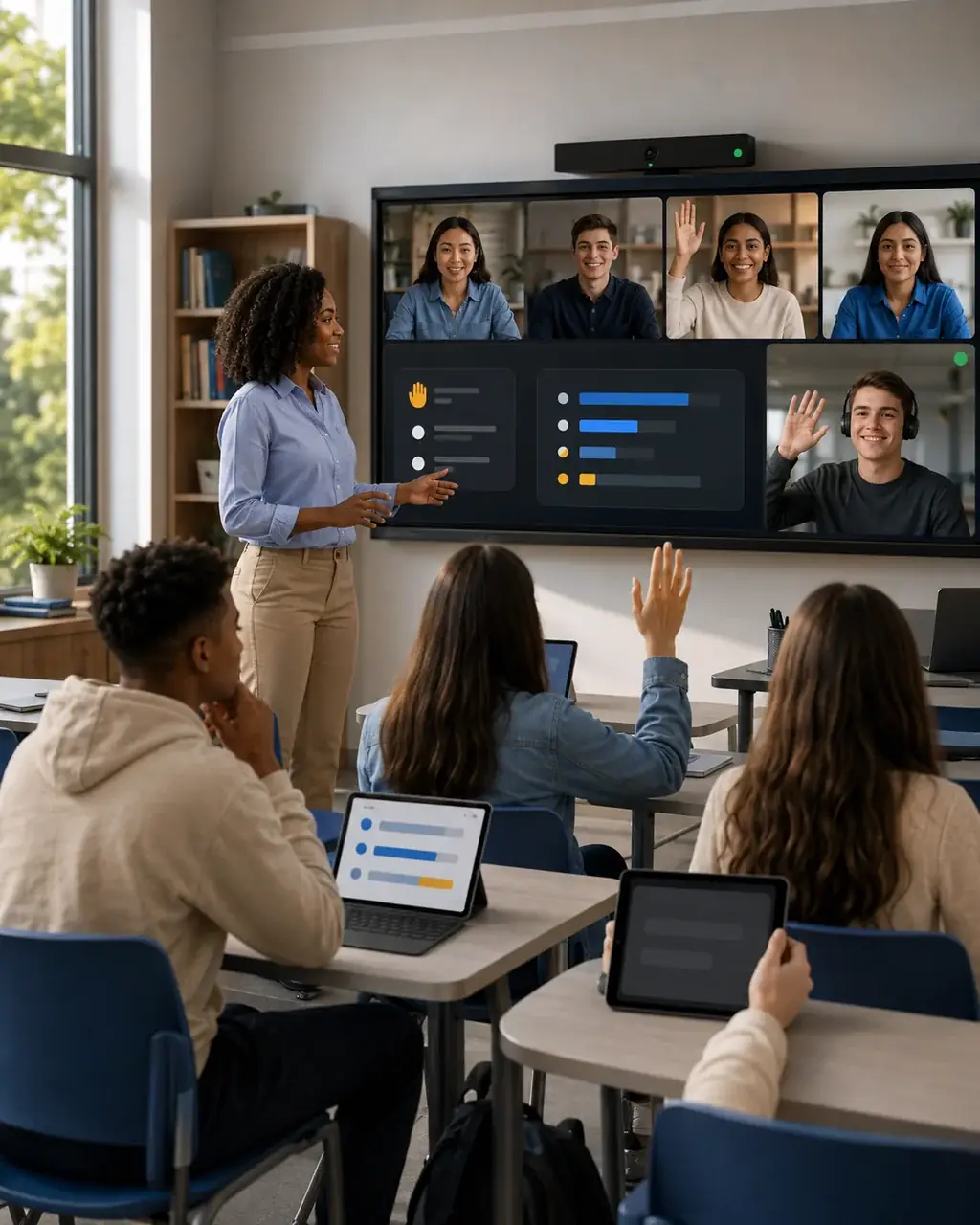 A hybrid classroom connecting an instructor and remote learners