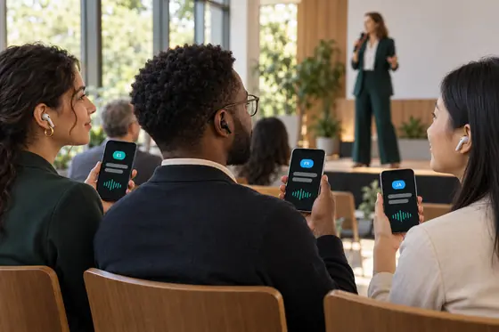 Audience at a talk listening on earbuds, each phone showing the talk in a different language: ES, FR and JA