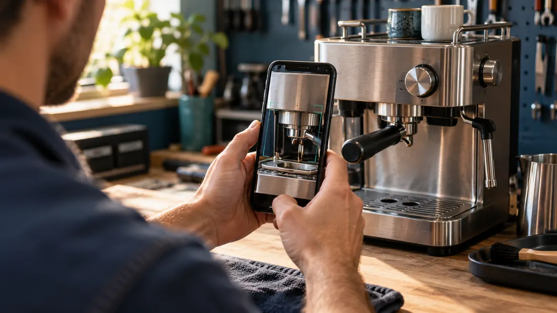 A phone camera inspecting a household appliance on a workbench