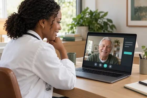 A doctor in a clinic office on a video consult with an older patient at home, visit notes beside the call