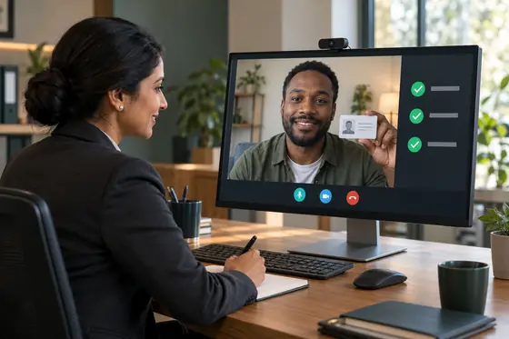 A bank officer on a video call with a customer holding up an ID card, a checklist of three completed checks beside the video