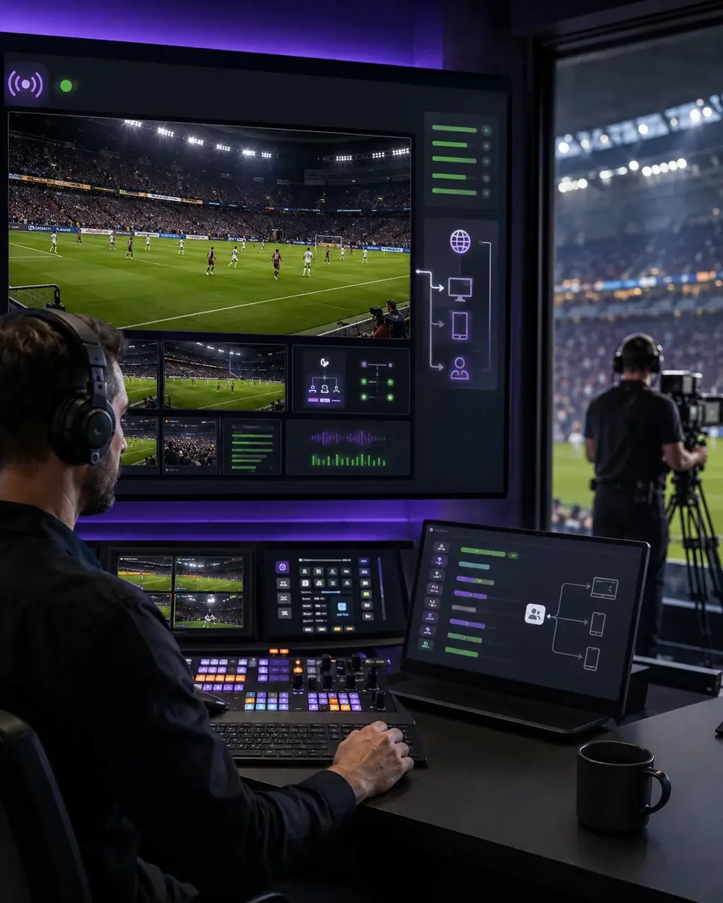 An interactive broadcast control room with presenters and audience delivery