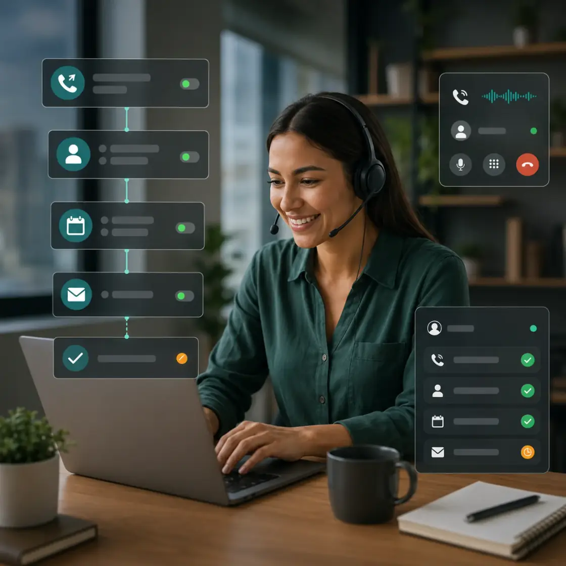 A person handling a browser and phone call through a cloud telephony workspace